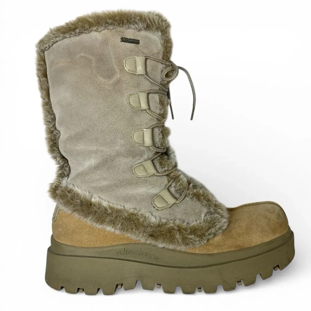 Y2k Skechers Lace Up Chunky Platform Boots Size 8 Faux Fur Suede Trashy Steppers